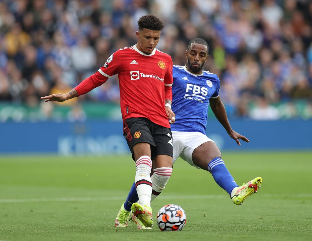 Manchester United's Jadon Sancho in action with Leicester City's Ricardo Pereira at the King Power Stadium, Leicester October 16, 2021. u00e2u20acu201d Reuters pic