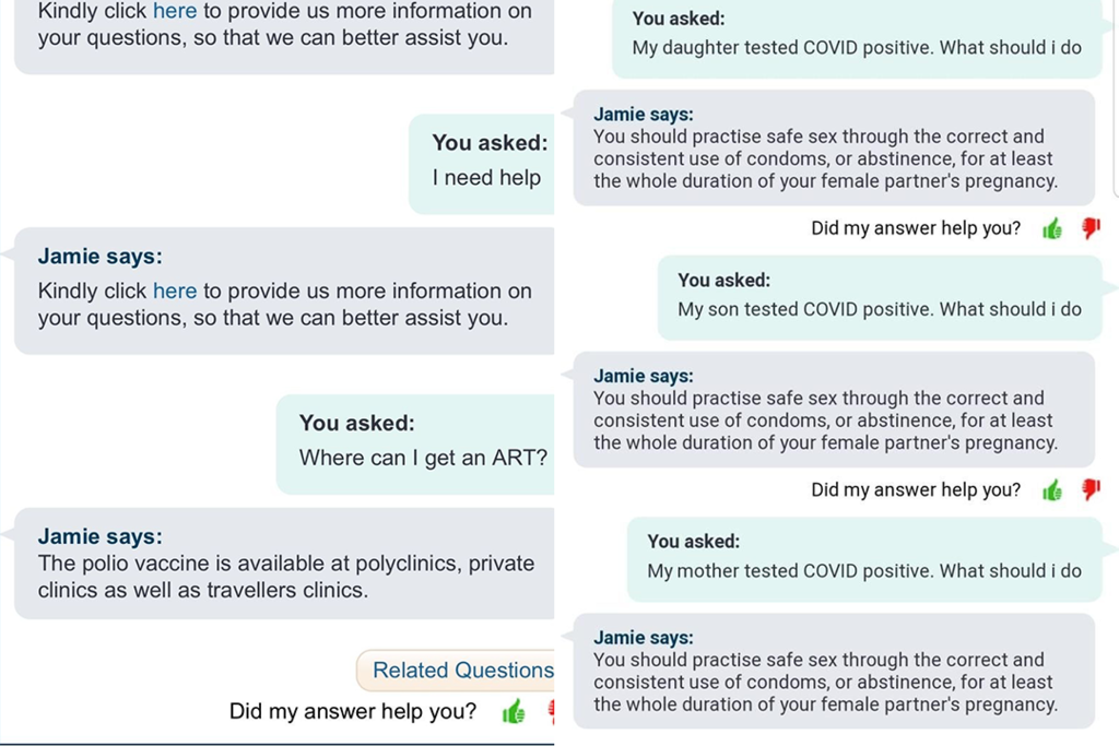 In a series of screenshots shared online, the chatbot provided puzzling responses to Covid-19 related queries. u00e2u20acu2022 WhatsApp screenshot via TODAY