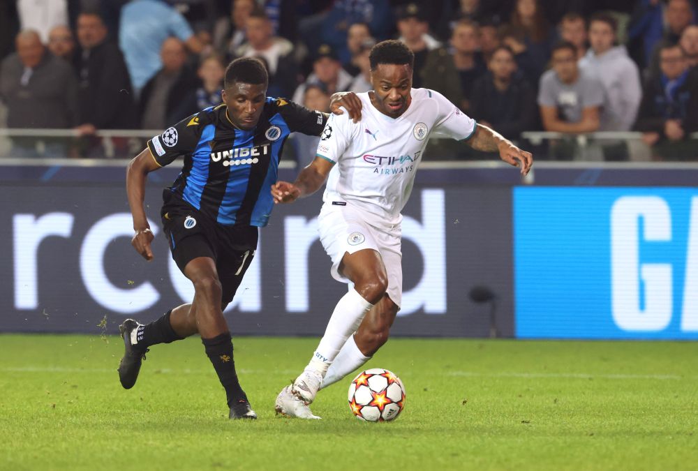 Manchester City's Raheem Sterling in action with Club Brugge's Faitout Maouassa at the Jan Breydel Stadium, Bruges October 19, 2021u00e2u20acu201d Reuters picnn