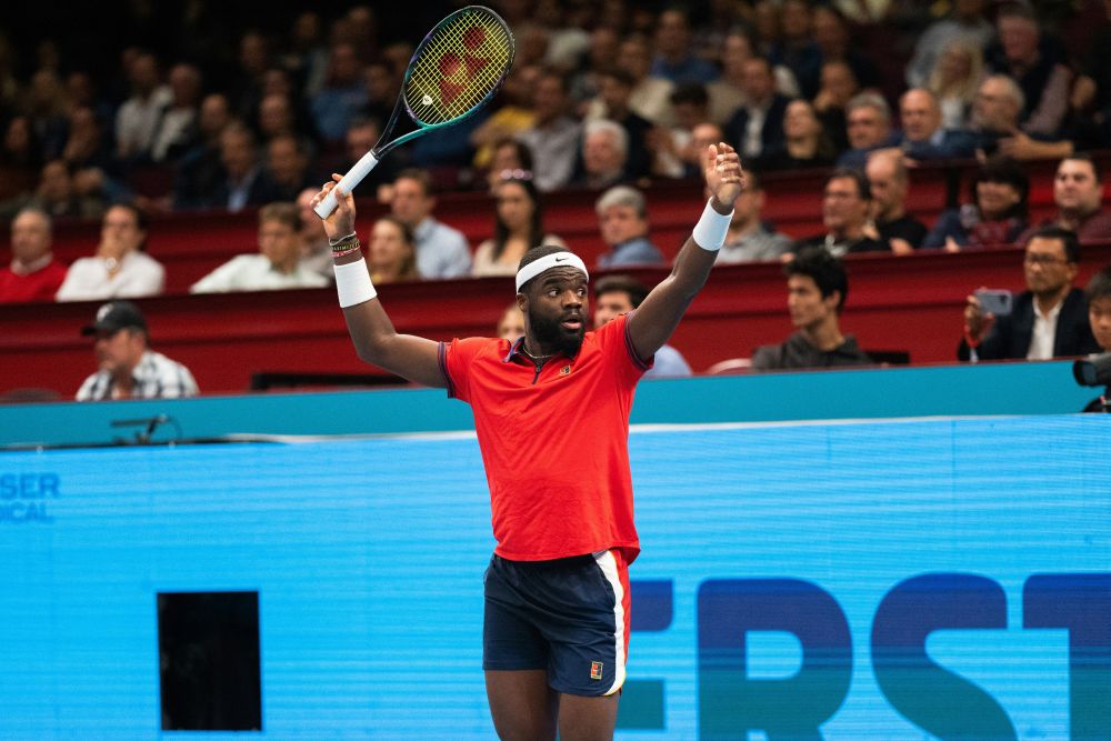 Frances Tiafoe reacts as he plays against Stefanos Tsitsipas during the men's singles match at the Erste Bank Open Tennis tournament in Vienna October 28, 2021. u00e2u20acu201d AFP pic