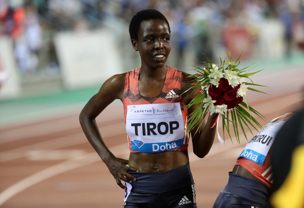 In this file photo taken on May 04, 2018, Agnes Jebet Tirop of Kenya celebrates after winning second-place in the womenu00e2u20acu2122s 3000 metres race during the Diamond League athletics competition at the Suhaim bin Hamad Stadium in Doha. u00e2u20acu201d AFP pic