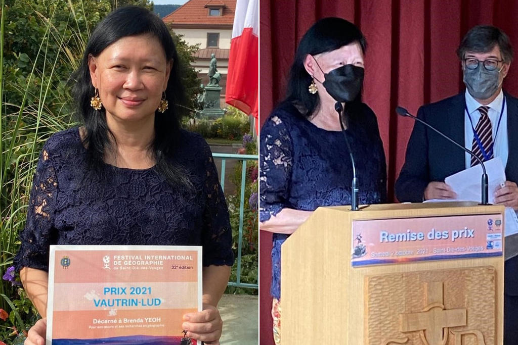 Professor Brenda Yeoh of the National University of Singapore receiving the Vautrin Lud Prize, the world's highest honour in the field of geography, at a presentation in France. u00e2u20acu2022 Picture courtesy of Professor Brenda Yeoh/NUS