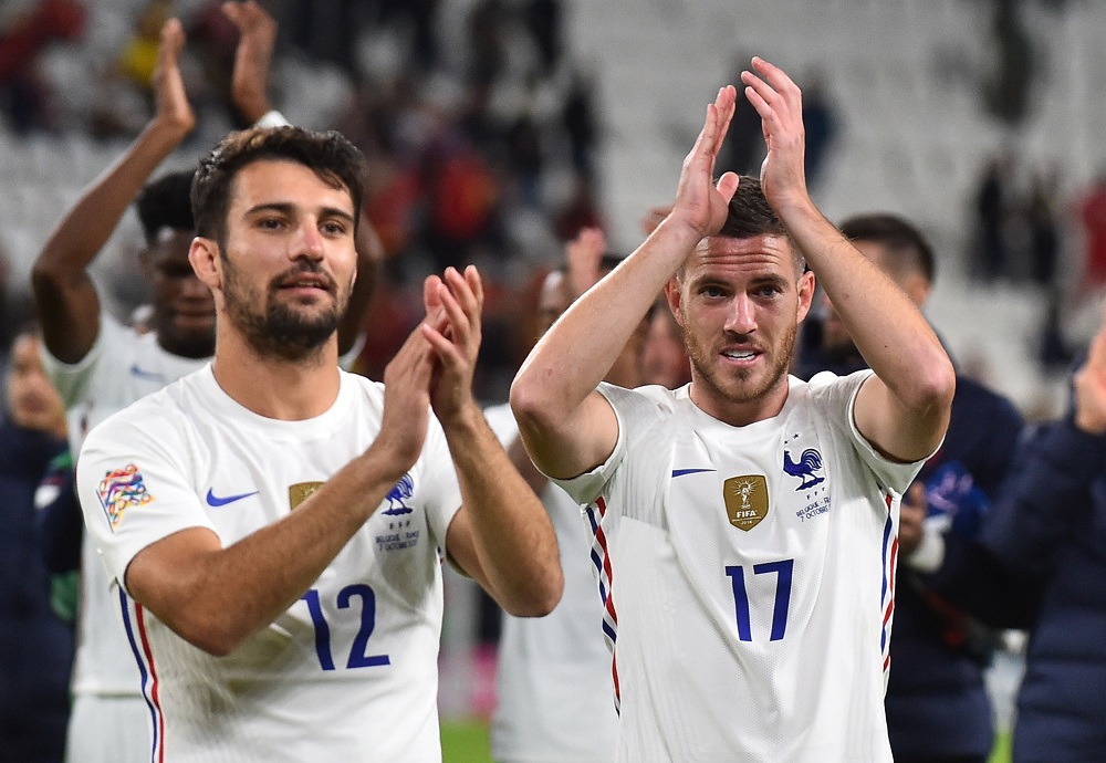 France's Jordan Veretout and Leo Dubois celebrate after the match against Belgium October 8, 2021. u00e2u20acu2022 Reuters pic