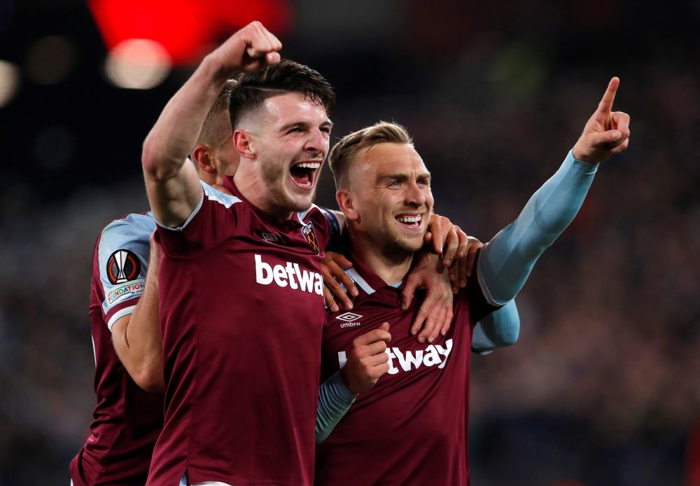 West Ham United's Jarrod Bowen (right) celebrates scoring their third goal against Genk with Declan Rice at the London Stadium, London October 21, 2021. u00e2u20acu201d Reuters pic