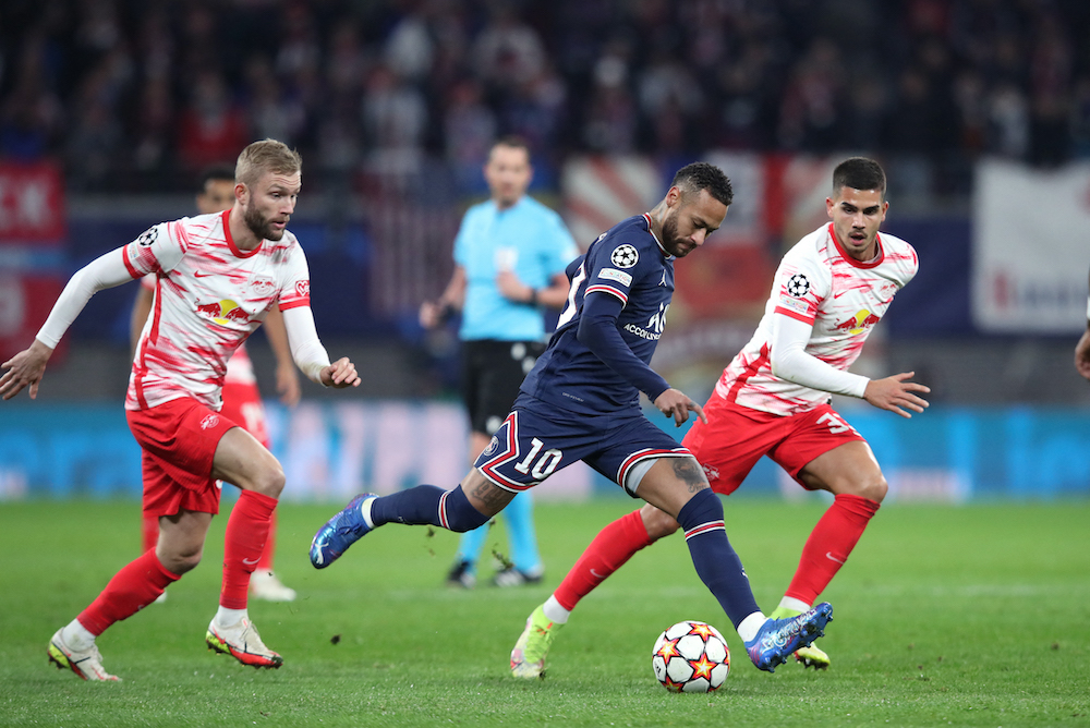 Paris Saint-Germain forward Neymar, Leipzig's midfielder Konrad Laimer and forward Andre Silva vie for the ball during the Uefa Champions League, Group A in Leipzig, Germany November 3, 2021. u00e2u20acu201d AFP pic