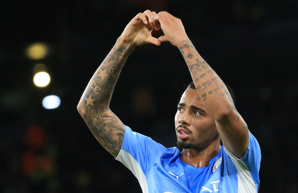 Manchester City's striker Gabriel Jesus celebrates scoring his team's fourth goal during the Uefa Champions League Group A match between Manchester City and Club Brugge in Manchester November 3, 2020. u00e2u20acu201d AFP pic