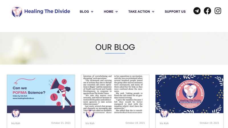Healing the Divide claims that it brings together Singaporeans concerned about Covid-19 vaccines, and the group also regularly promotes the use of unproven and unapproved treatments like ivermectin. u00e2u20acu201d Screenshot from blog