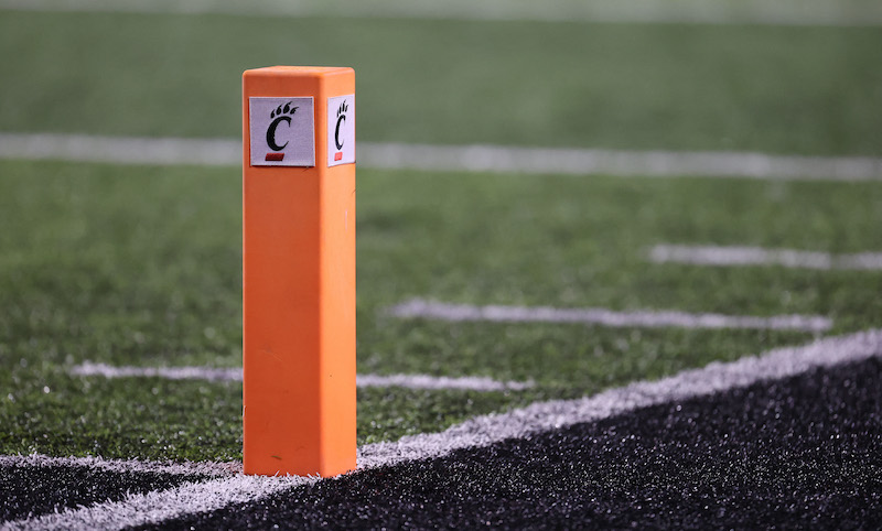 A goal line pylon during the game between the Cincinnati Bearcats and the Tulsa Golden Hurricane at Nippert Stadium November 6, 2021 in Cincinnati, Ohio. u00e2u20acu201d Andy Lyons/Getty Images/AFP pic