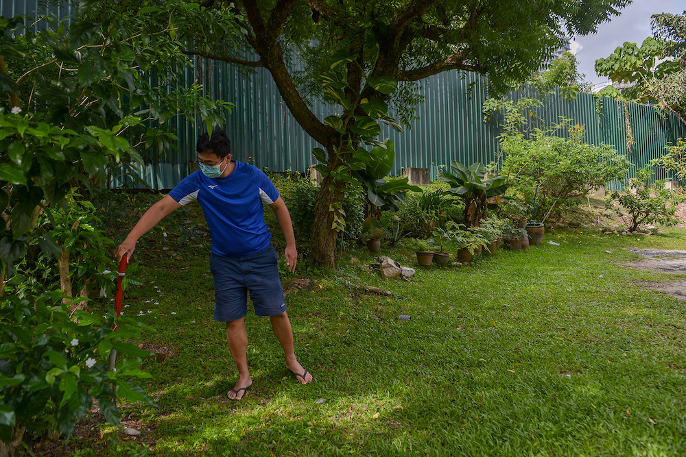 Victor Low, a resident on Jalan Senangin, pointing out the red pegs installed few months back by TNB to mark where the fence would be moved. — Picture by Miera Zulyana