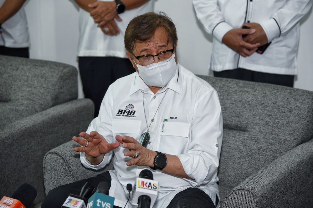 Chief Minister Tan Sri Abang Johari Openg speaking to reporters after performing the groundbreaking ceremony for the construction of Lubok Teranggas-Gedong road in Simunjan, November 17 2021. u00e2u20acu201d State Information Department pic