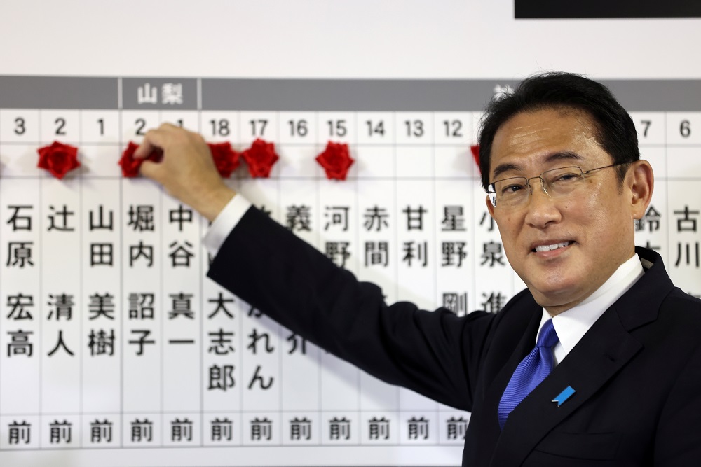 Japan's Prime Minister Fumio Kishida gestures as he puts rosettes on a board with names of successful general election candidates in Tokyo October 31, 2021.  u00e2u20acu201d Reuters pic