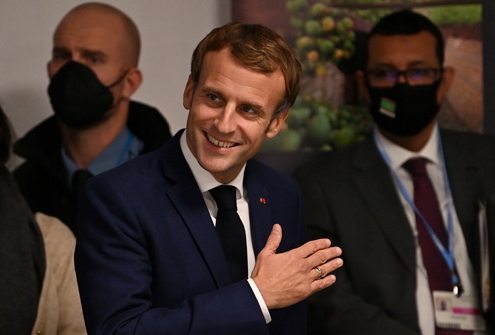 Franceu00e2u20acu2122s President Emmanuel Macron reacts during the Great Green Wall session on the sidelines of the UN Climate Change Conference in Glasgow, Scotland November 1, 2021. u00e2u20acu201d Pool pic via Reuters