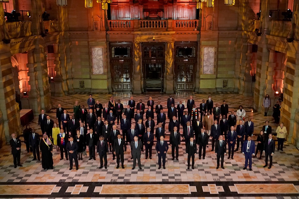 World Leaders pose for a group photo during an evening reception to mark the opening day of the UN Climate Change Conference, in Glasgow November 1, 2021. u00e2u20acu201d Pool pic via Reuters