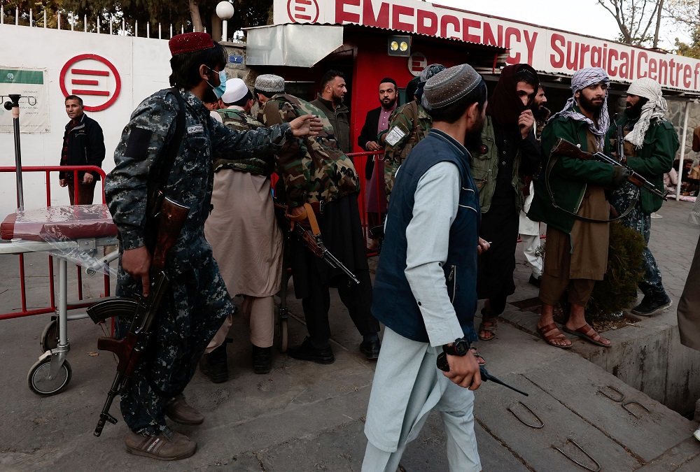 Taliban fighters check on injured comrades at the entrance of the emergency hospital in Kabul November 2, 2021. u00e2u20acu201d Reuters pic