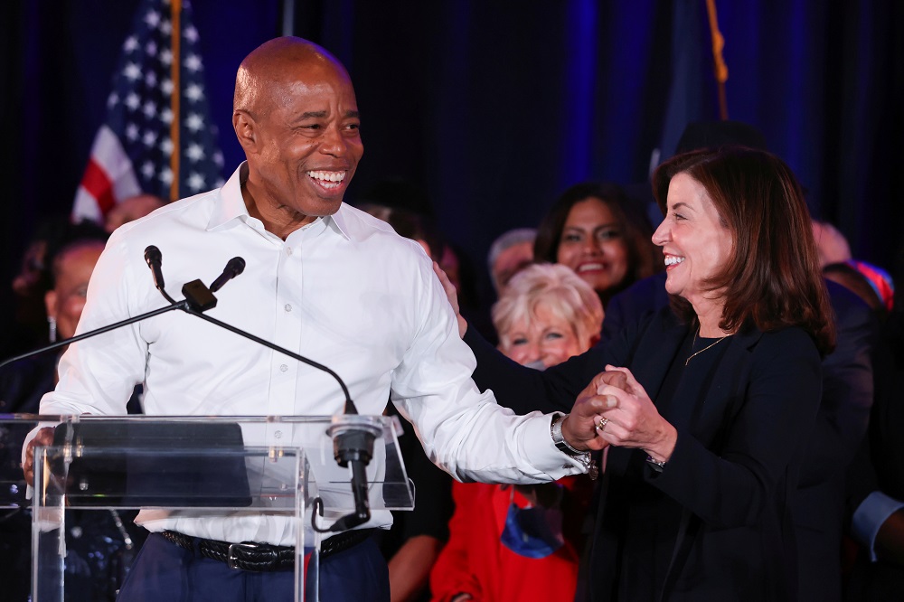 Democratic candidate for New York City Mayor Eric Adams and New York Governor Kathy Hochul greet each other after Adams is declared victor at his election night party in Brooklyn November 2, 2021. u00e2u20acu201d Reuters pic