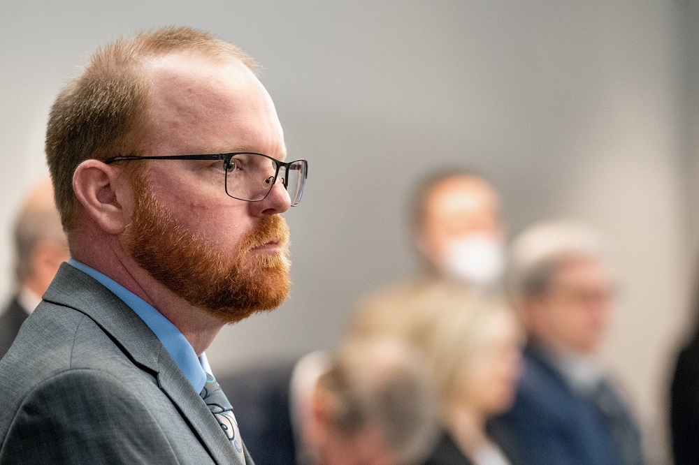 Defendant Travis McMichael stands as the jury enters the room during his trial at the Glynn County Courthouse, in Brunswick, Georgia November 8, 2021. u00e2u20acu201d Reuters pic