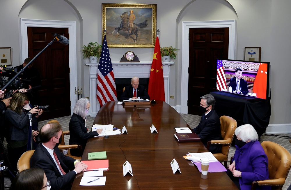 US President Joe Biden, with White House National Security Advisor Jake Sullivan, Secretary of State Antony Blinken and Treasury Secretary Janet Yellen, speaks virtually with Chinese leader Xi Jinping from the White House in Washington November 15, 2021. 