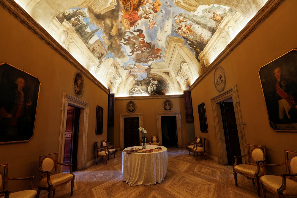 A general view shows a room, with frescoes on the ceiling by Guercino, inside Villa Aurora, a building that boasts Caravaggio's only ceiling mural, which is up for auction in January with an opening bid set at u00e2u201au00ac471 million, in Rome November 16, 2021. u00e2u20ac