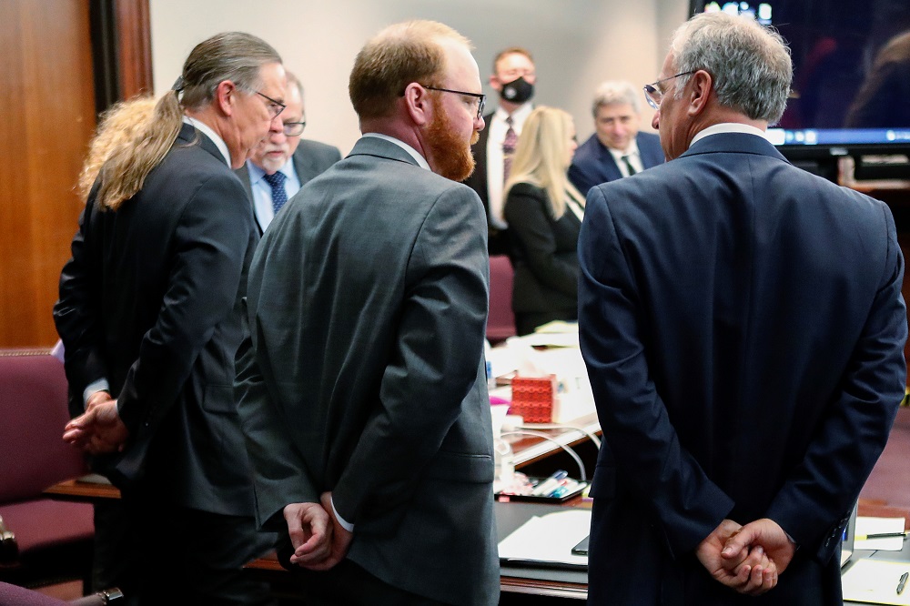 Defendant Travis McMichael stands next to defence attorneys Robert Rubin and Franklin Hogue at Glynn County Superior Court in Brunswick, Georgia November 19, 2021. u00e2u20acu201d Reuters pic
