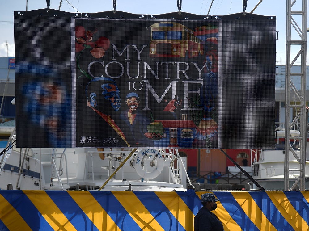 A security guard stands by an electronic screen in National Heroes Square as preparations take place to mark Barbadosu00e2u20acu2122s transition to a republic, in Bridgetown, Barbados November 29, 2021. u00e2u20acu201d Reuters pic 
