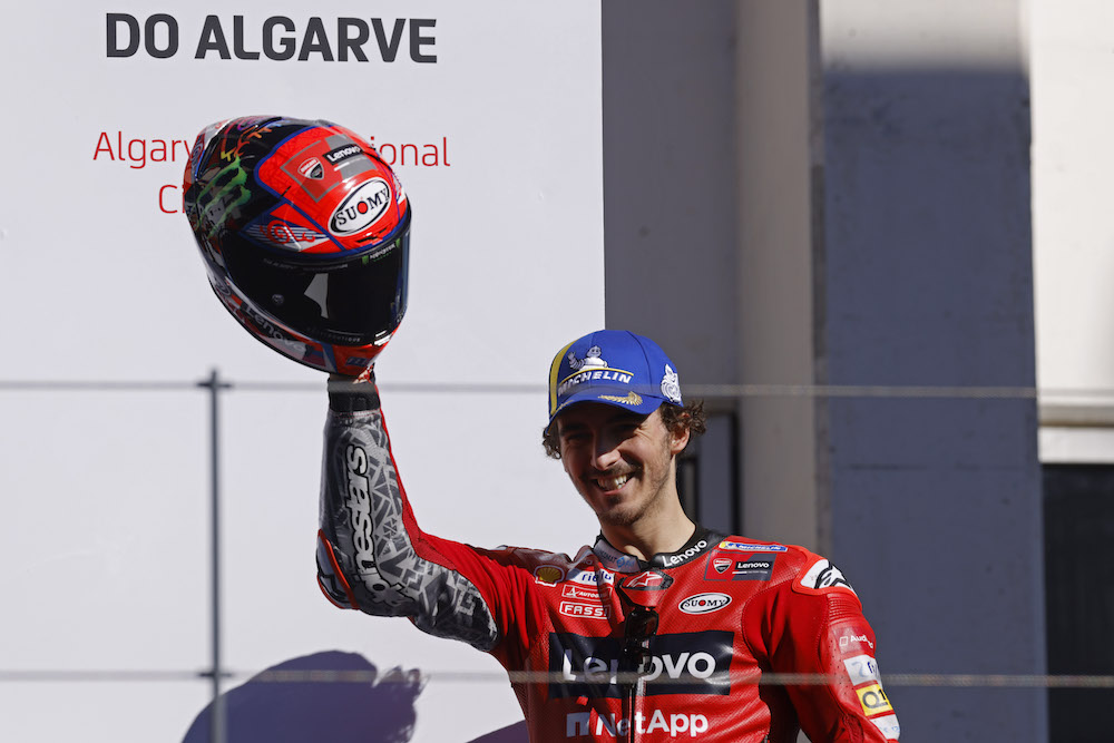 Ducati Lenovo Team's Francesco Bagnaia celebrates on the podium after winning the Algarve Grand Prix at the the Algarve International Circuit, Portimao, Portugal November 7, 2021. u00e2u20acu201d Reuters pic