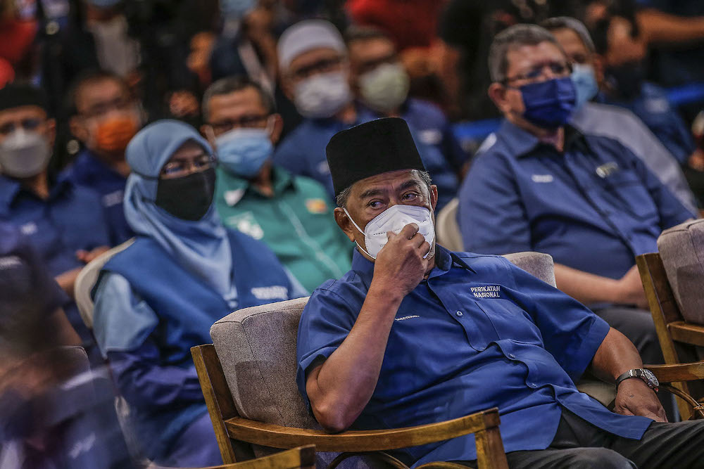 Perikatan Nasional chairman Tan Sri Muhyiddin Yassin arrives to officiate the Melaka State Election (PRN) manifesto book at the Glenmarie Hotel and Resort November 14, 2021. u00e2u20acu2022 Picture by Hari Anggara
