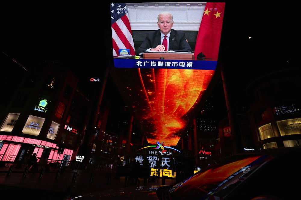A screen displays a CCTV state media news broadcast showing US President Joe Biden during a virtual summit with Chinese President Xi Jinping, in Beijing, China November 16, 2021. u00e2u20acu201d Reuters pic
