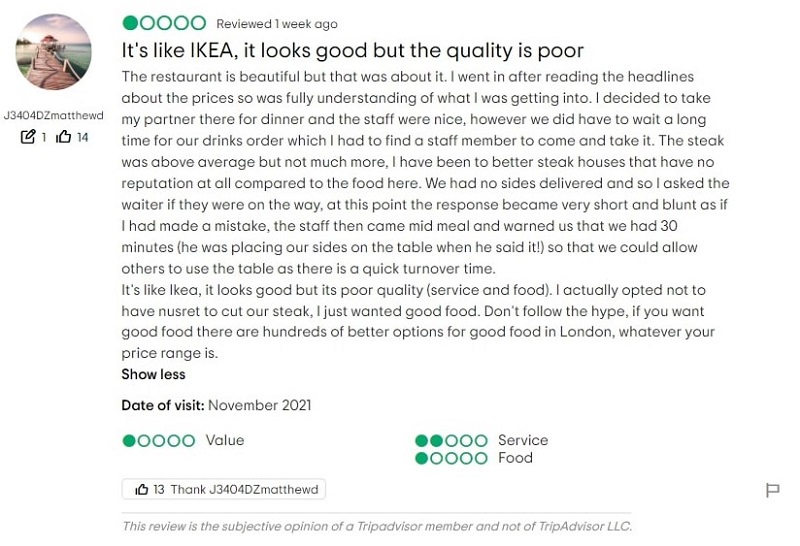 Some of the complaints from an angry customer about the service in Salt Bae’s London restaurant. — Screen capture via TripAdvisor