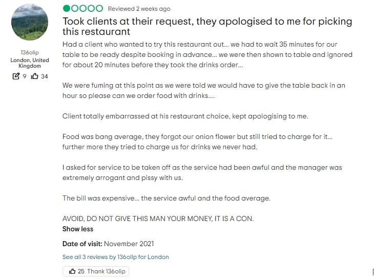 Not only did customers have to wait for their table to be ready despite pre-booking, they were also ignored for 20 minutes by waiters. — Screen capture via TripAdvisor