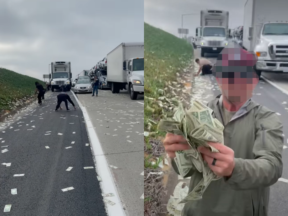 An armoured truck has dropped a load of cash onto a highway in Carlsbad, California which has caused a traffic jam as motorists flock to collect the spilled bills. u00e2u20acu201d Screen capture via Instagram/ Demi Bagby 