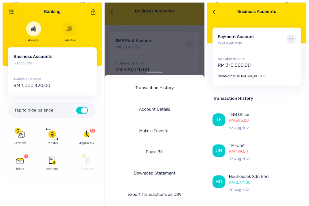 The simplified accounts overview feature helps businesses to keep track of assets and liabilities. — Picture courtesy of Maybank