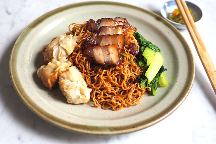 The 'wantan mee' with thin noodles is served with BBQ pork and wantans