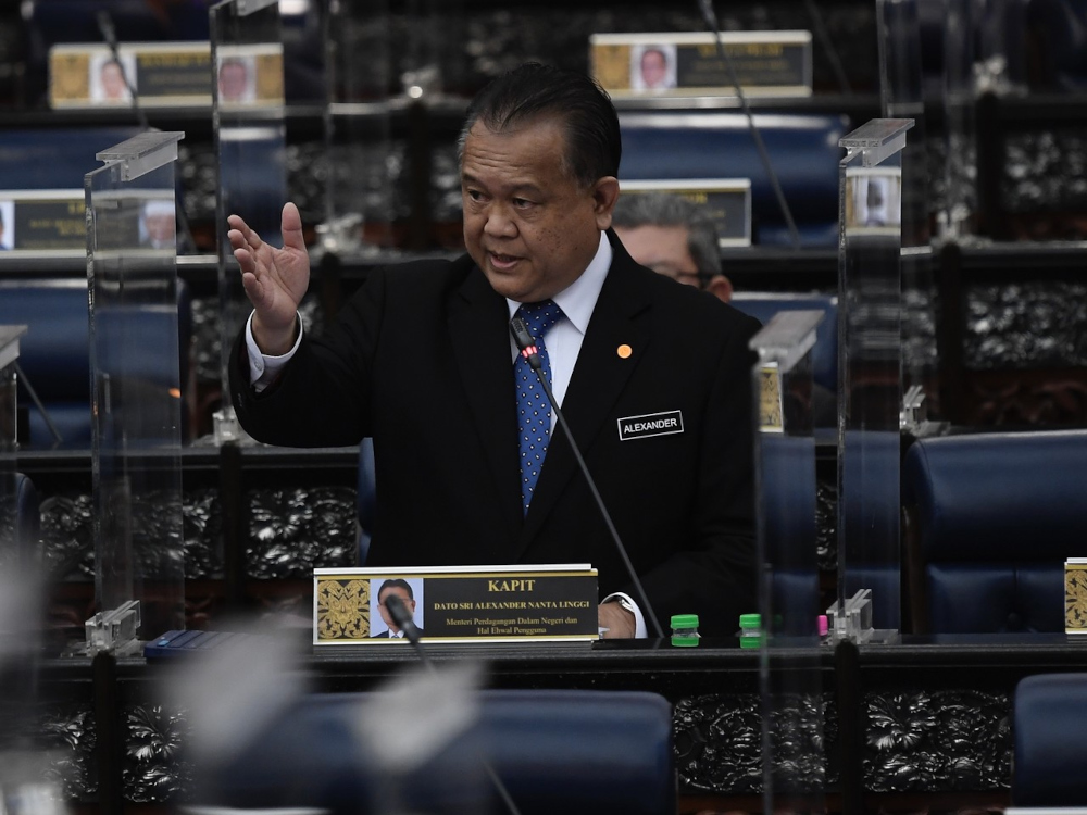 Domestic Trade and Consumer Affairs Minister Datuk Seri Alexander Nanta Linggi at the Dewan Rakyat, November 16, 2021. u00e2u20acu201d Bernama pic 
