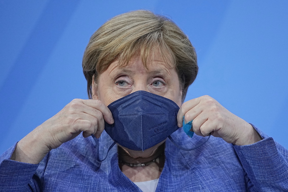 German Chancellor Angela Merkel wears her protective mask after a news conference following a meeting with the leaders of the country’s 16 federal states to discuss Covid-19 measurements in Berlin, Germany, June 10, 2021. ― Reuters pic