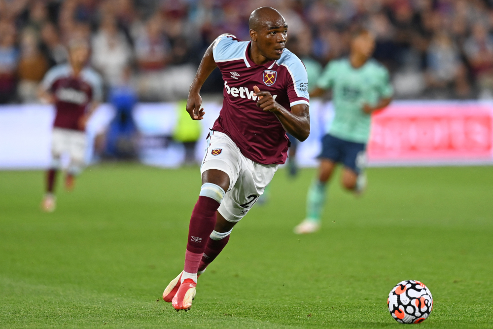 West Ham United defender Angelo Ogbonna runs with the ball during a match between West Ham United and Leicester City at The London Stadium, east London, August 23, 2021. u00e2u20acu201d AFP picn
