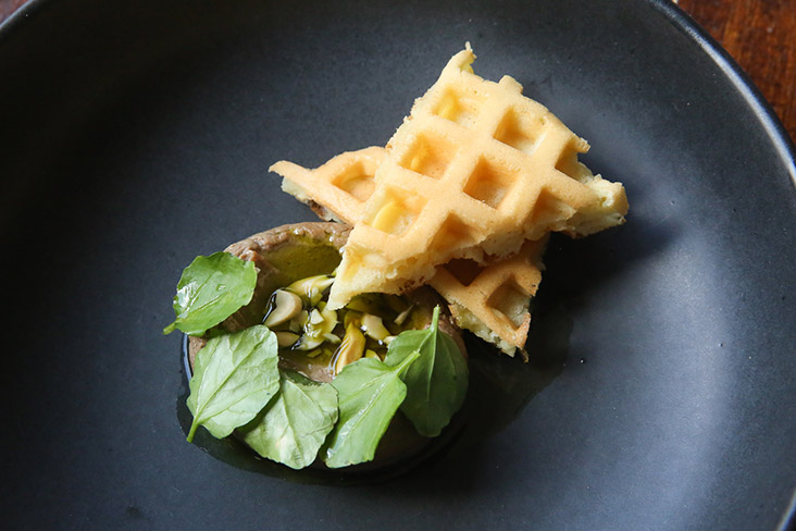 It gets a fun element as you enjoy the chicken liver mousse with sourdough waffles