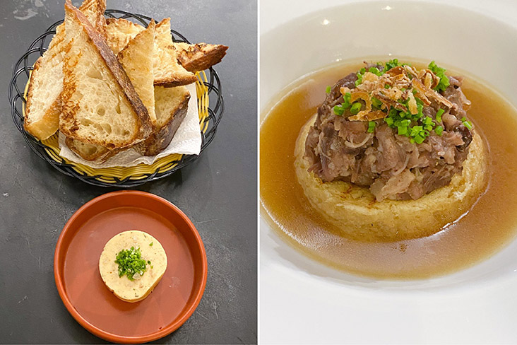 From last week's omakase, the spelt sourdough was paired with an umami laden miso butter (left). Under Adeeb's skilful hands, 'sup ekor' is transformed into an elegant soup with lovely flavours using local beef (right) — Picture by Lee Khang Yi