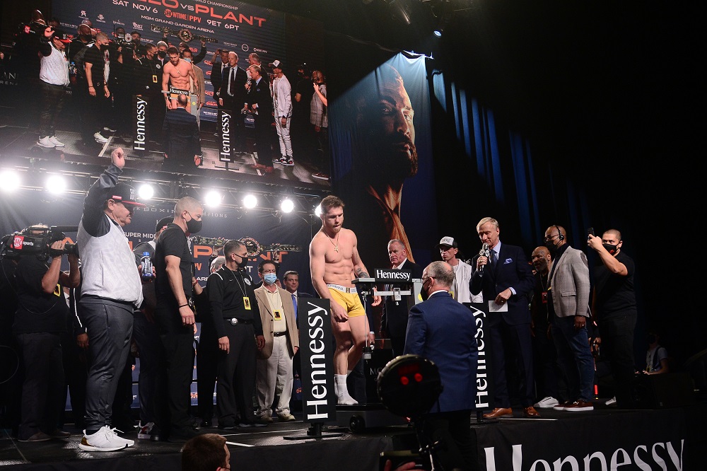 Canelo Alvarez weighs in for his super middleweight championship boxing match against Caleb Plant (not pictured) at MGM Grand Garden Arena. u00e2u20acu2022 Joe Camporeale-USA TODAY Sports pic via Reuters