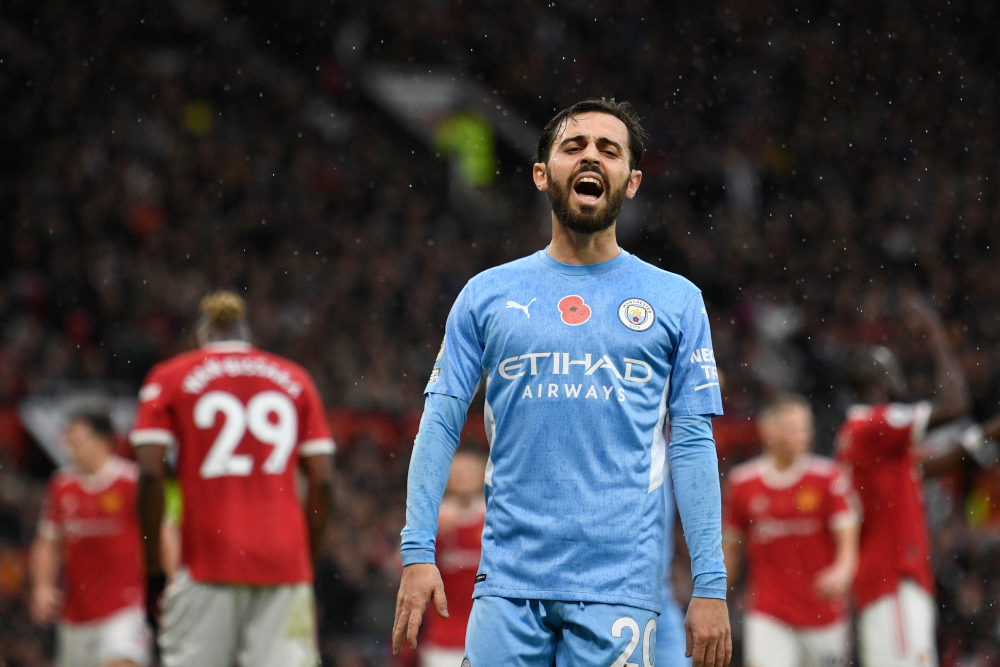 Manchester Cityu00e2u20acu2122s Portuguese midfielder Bernardo Silva reacts during the English Premier League match against Manchester United at Old Trafford in Manchester, November 6, 2021. u00e2u20acu201d AFP pic 