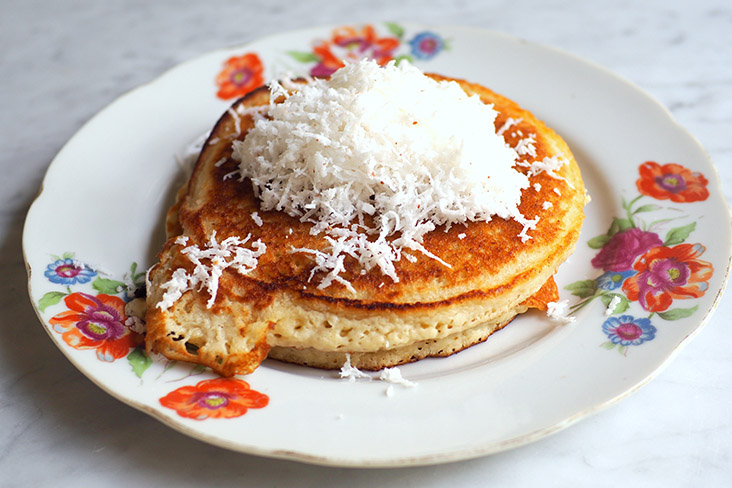 These 'tepung apam' are addictive with their slightly chewy texture, banana flavour and freshly grated coconut