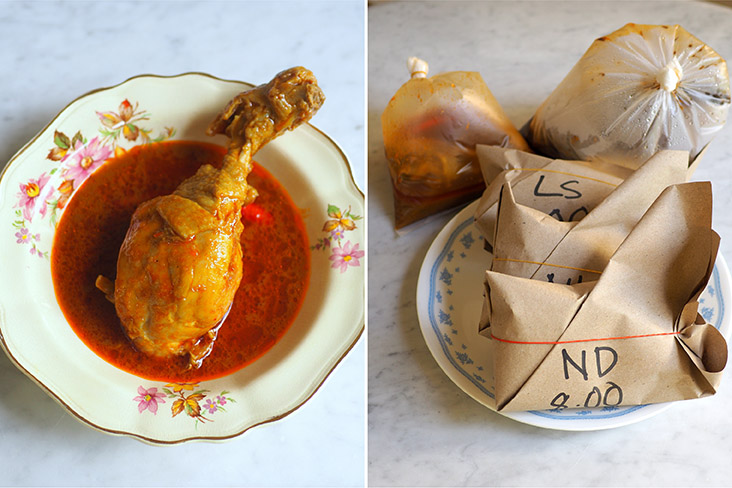 There's also 'gulai ayam' if you prefer a less rich taste (left). For my takeaway, everything was packed so well in different packets (right)