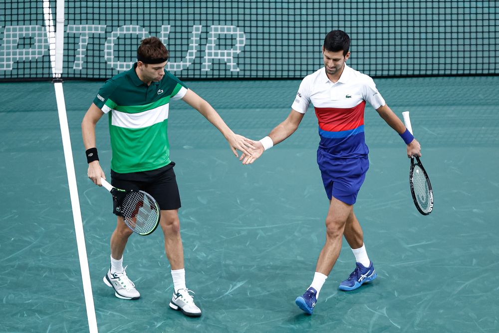 Novak Djokovic and Filip Krajinovic in action against Alex de Minaur and Luke at the Accor Arena in Paris November 1, 2021u00e2u20acu201d Reuters pic