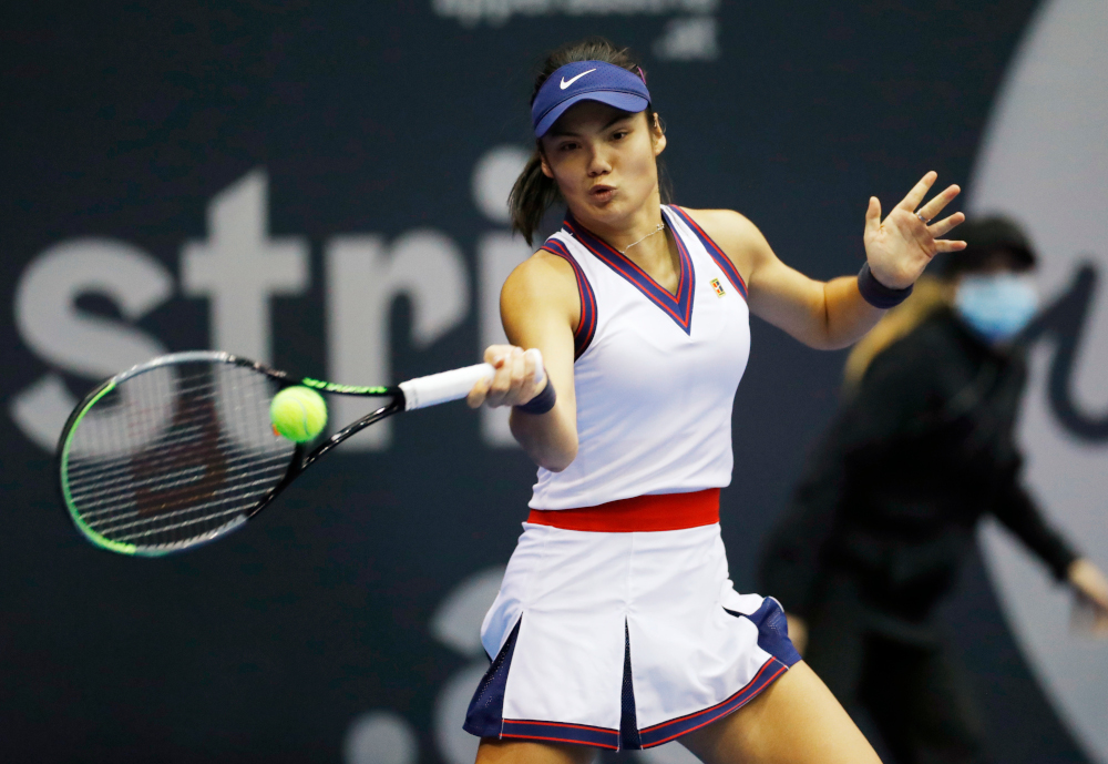 Britainu00e2u20acu2122s Emma Raducanu in action during her round of 16 match against Chinau00e2u20acu2122s Wang Xinyu at TipsArena Linz, Linz, Austria, November 9, 2021. u00e2u20acu201d Reuters pic 