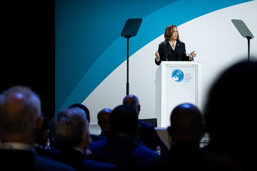 US vice president Kamala Harris delivers opening remarks at the Paris Peace Forum in Paris, France, November 11, 2021. u00e2u20acu2022 Sarahbeth Maney/Pool via Reuters