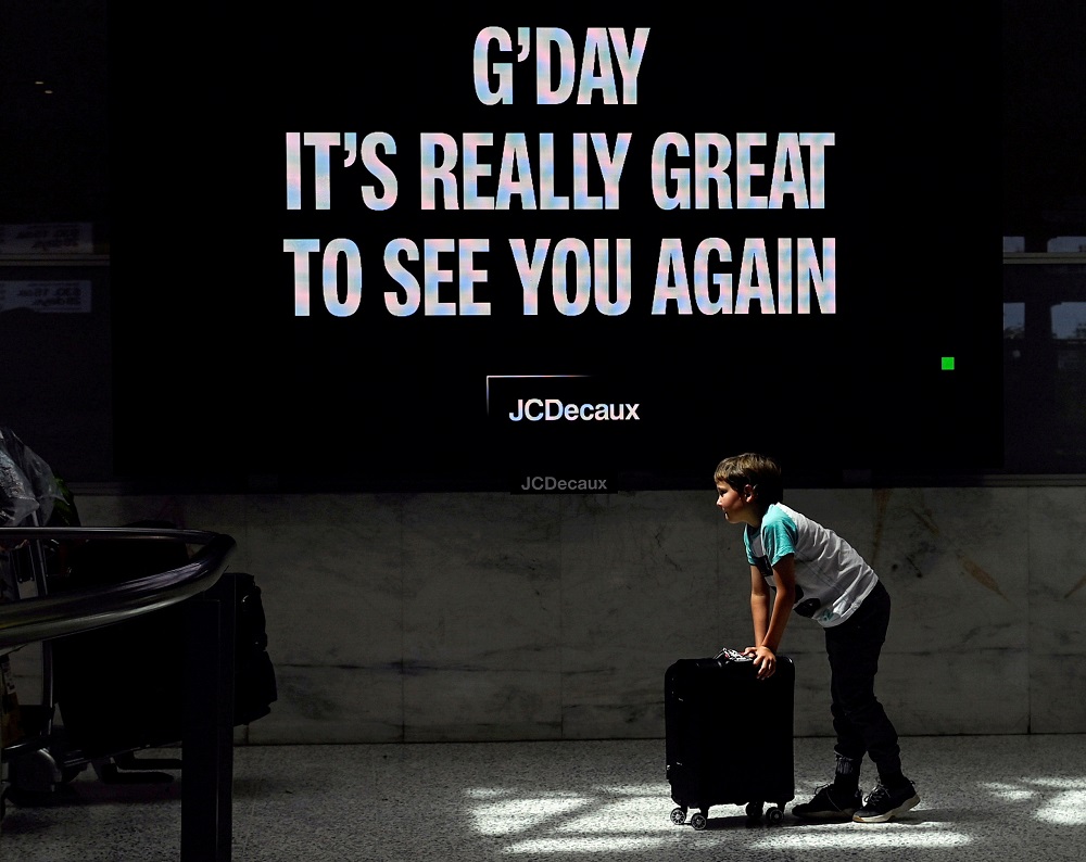 International travellers arrive at Sydney Airport in the wake of Covid-19 border restrictions easing. Australia, November 1, 2021. u00e2u20acu2022 Reuters file pic