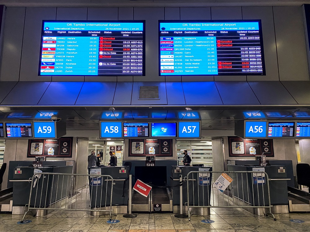Digital display boards show cancelled flights to London - Heathrow at O.R. Tambo International Airport in Johannesburg, South Africa November 26, 2021. u00e2u20acu2022 Reuters pic