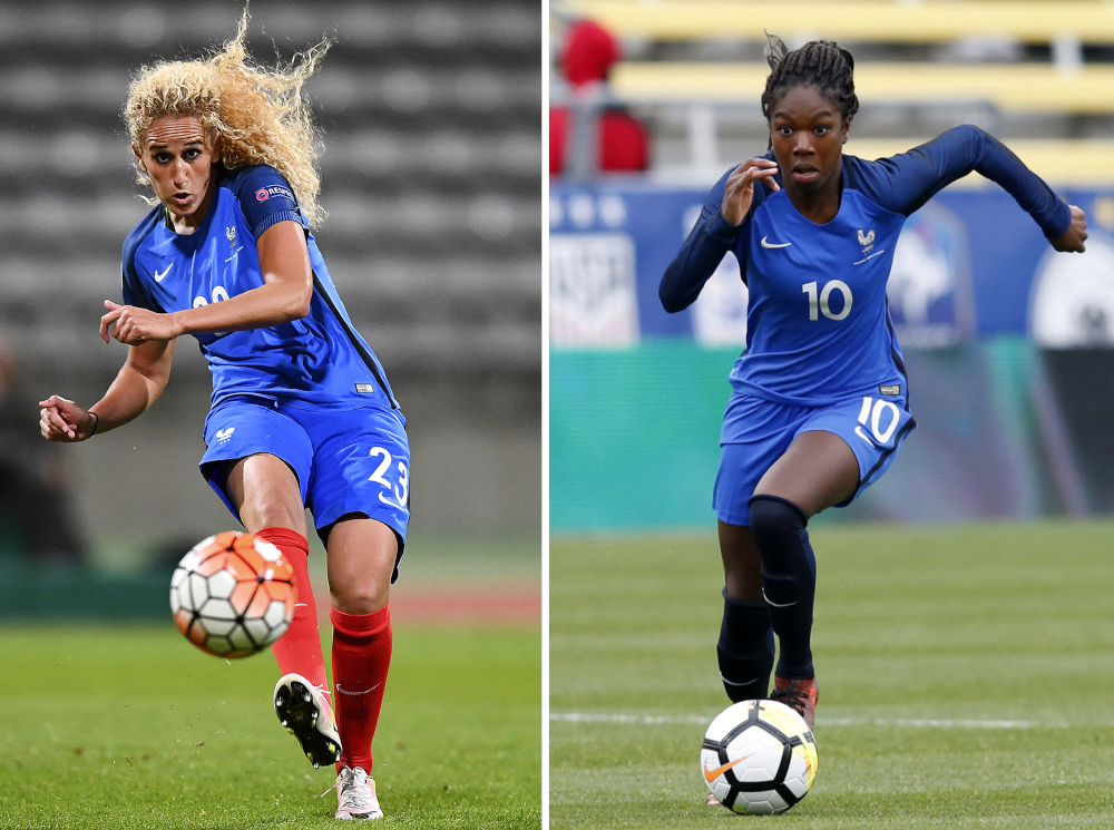 This combination of file photographs created November 10, 2021 shows (left) Franceu00e2u20acu2122s midfielders Kheira Hamraoui and Aminata Diallo. u00e2u20acu201d AFP pic 
