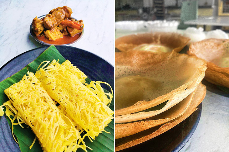 The “golden nets” of 'roti jala' and chicken masala (left). Stacks of 'appam' (right).
