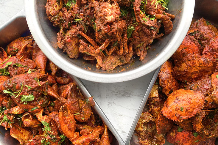 Trays of spicy chilli crabs, made with 'ketam nipah.'