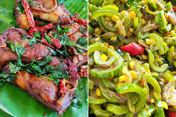 Deep fried mutton chops (left). Stir fried snake gourd with dal, mustard seeds and dried chillies (right).